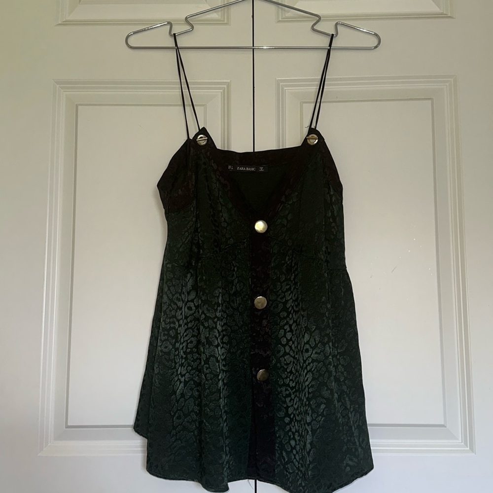 Zara Green Camisole Tank Top Leopard Print Black large deep green leopard print